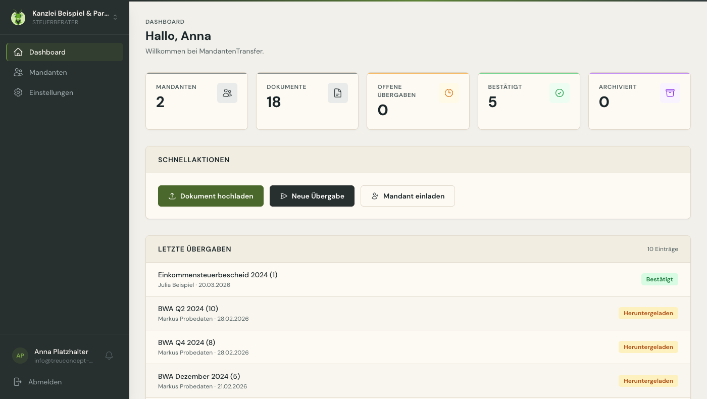 Dashboard-Ansicht für Steuerberater